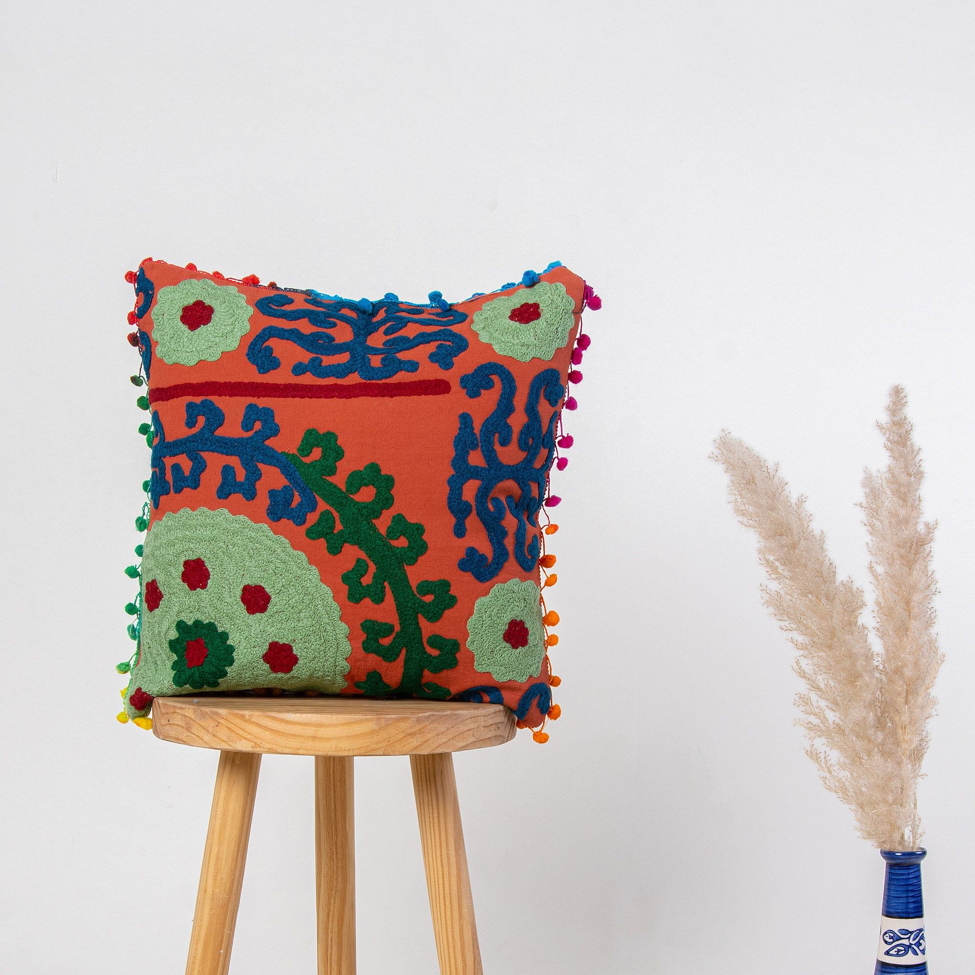 Organic Cotton Pom Pom Embroidered Cushion Covers